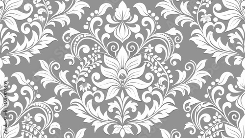 Elegant white damask floral pattern on gray background