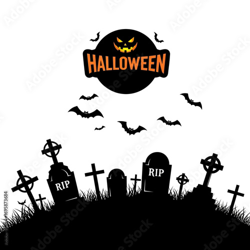 Spooky Halloween graveyard scene with silhouettes of tombstones and bats flying under a jack-o'-lantern moon, perfect for holiday promotions and invitations this October