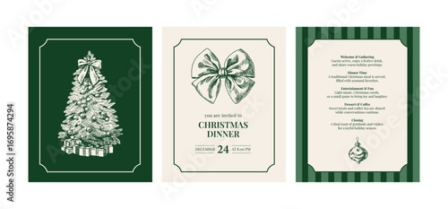 Christmas dinner invitation cards with hand drawn holiday christmas tree, bow and ornament. Festive mood, elegant vintage style. Vector sketch illustration.
