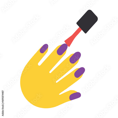 Vector illustration of Woman's hand with purple nails getting polished with red nail polish