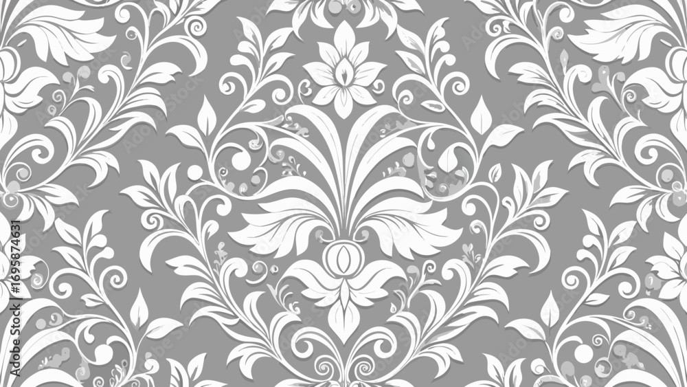Fototapeta premium Elegant white floral damask pattern on gray background