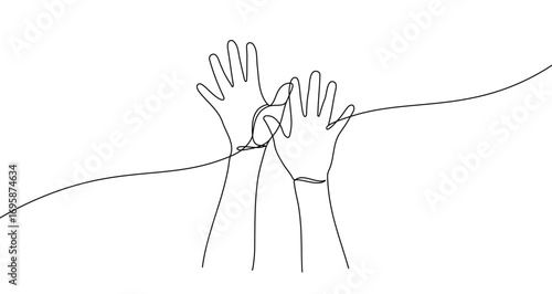 Two raised hands in one line art style. Drawing of hands with editable black stroke on white background. Vector illustration.