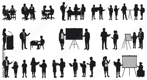 people silhouettes in various business meeting scenarios