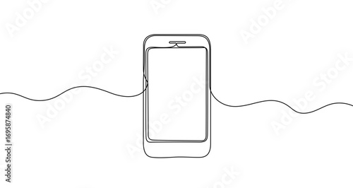 Mobile phone in one line art style. Drawing of a smartphone with an editable black stroke on a white background. Vector illustration.