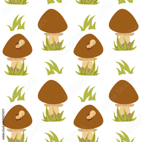 Pattern of White mushrooms with worm in the grass. Flat colored seamless texture. Forest theme. Edible. Mushrooms grow in grass. Design for packaging in the theme of picnic, camping, walking in forest