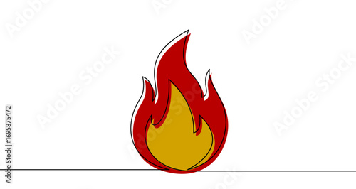 Flame of fire in one line art style. Flame drawing with color fill and black stroke. Vector illustration.