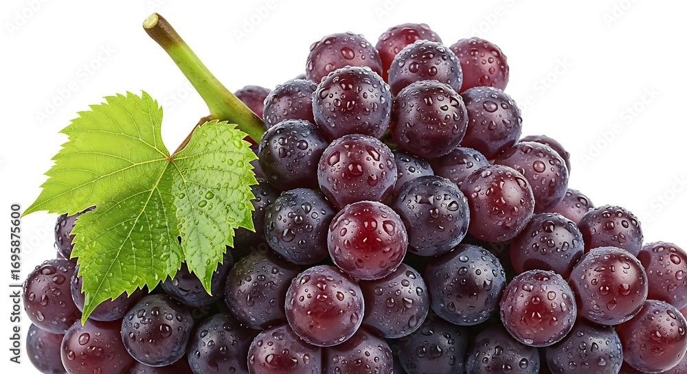 Fototapeta premium Fresh red grape bunch with water droplets glistens beside a vibrant green leaf