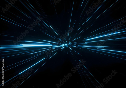 Blue light streaks from a central point in a dark background.