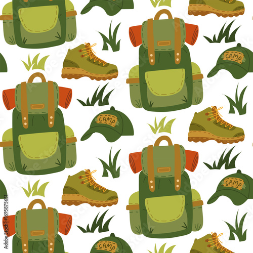 Pattern of necessary camping accessories. Flat color seamless texture. Backpack with camping mat, hat, hiking shoes in the grass on white. Design for packaging in the theme of Picnic, Hiking, Camping