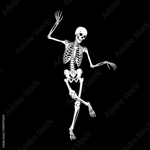 Spooky skeleton dancing against a black background creates a playful Halloween vibe, perfect for adding a touch of macabre fun to your designs and social media posts