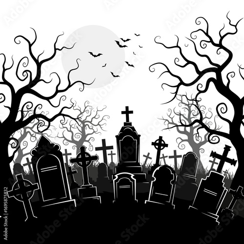 Spooky Halloween graveyard scene with tombstones silhouetted against a full moon and bats flying overhead, perfect for creating haunting invitations and eerie seasonal greetings this fall