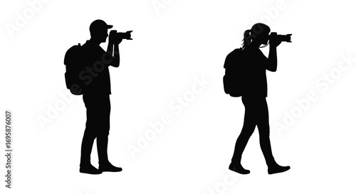 photographers capturing moments with cameras and backpacks silhouette