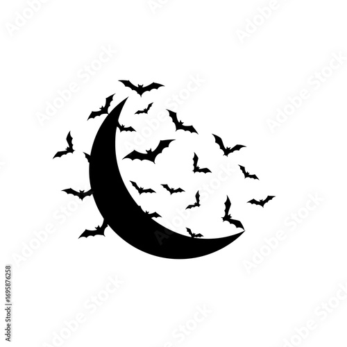 Spooky crescent moon with flying bats for Halloween designs, perfect for invitations and decorations, create a chilling atmosphere with this eerie, minimalist scene