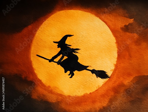 Flying witch on broomstick halloween event

