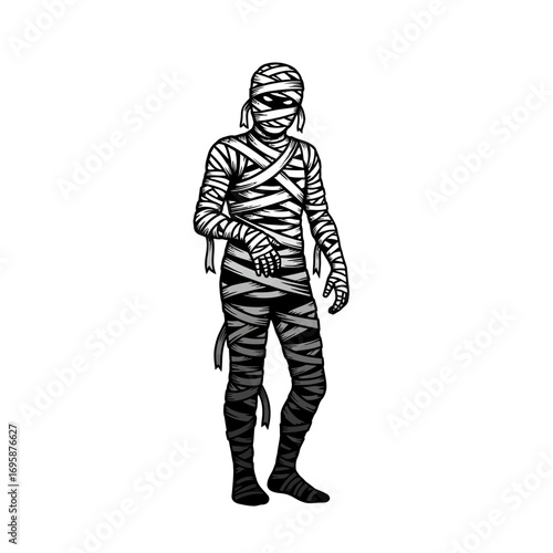 Spooky mummy figure wrapped in bandages, perfect for Halloween designs, horror themes, and mystery storytelling projects, with classic monster appeal and eerie vibes