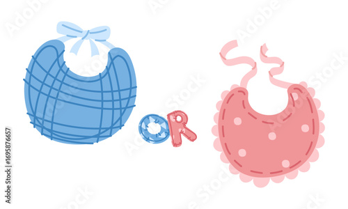 Banner for a gender party. Pink and blue bibs for feeding on white. Tying ribbons. Flat color illustration of items related to a boy or a girl. Determining the gender of a child. Clothing