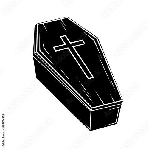 Eerie black coffin with cross for gothic themes, Halloween designs, or somber memorial projects, offering a unique blend of dark artistry and symbolic depth in your next project