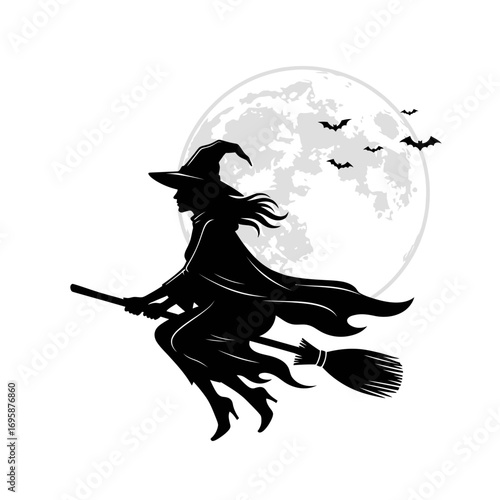 Mystical witch soaring across the spooky night sky on her broomstick with bats flying around the glowing full moon a captivating Halloween season fantasy illustration