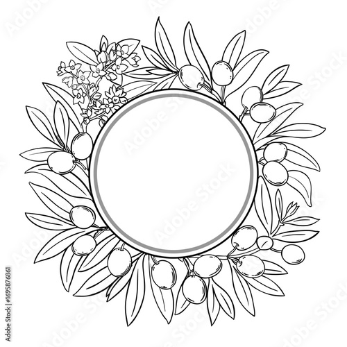 Olive Branch with Flowers, Berries and Leaves Outline Round Frame. Organic natural nutritional healthy food ingredient, vegetarian diet product. Vector isolated for design or decoration.