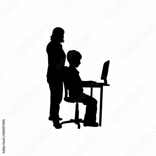 Child using computer with parental supervision cyber safety concept