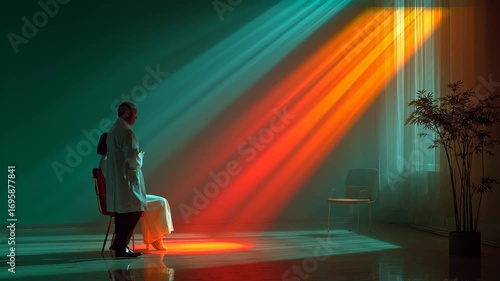 Doctor patient room colorful light beams chair support vaccine hesitancy emotional struggle thoughtful health decisions