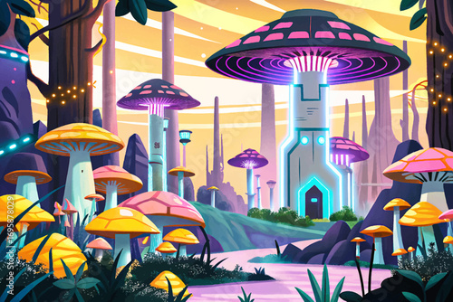 Cyberpunk night forest glowing neon mushrooms wallpaper, futuristic ruins in wilderness, surreal sci-fi atmosphere
