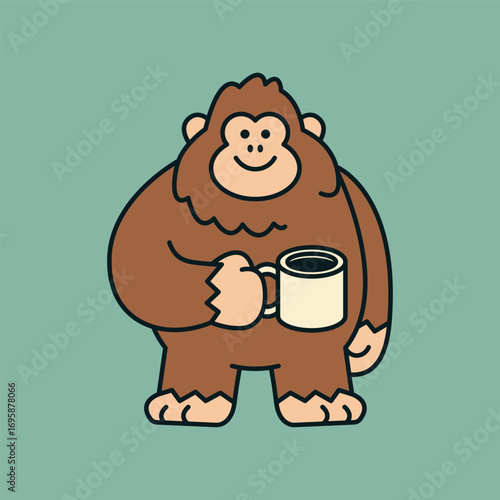 Fat Bigfoot holding a coffee mug a minimalist vector graphic depicting a festive Sasquatch holiday scene