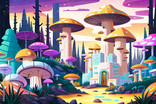 Cyberpunk night forest glowing neon mushrooms wallpaper, futuristic ruins in wilderness, surreal sci-fi atmosphere