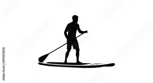 a man paddleboarding on calm waters with serene environment