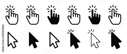 Transparent PNG available
Computer mouse click cursor arrow icons set. Clicking cursor. Hand cursors icons click set. Pointer click icon. Loading icon