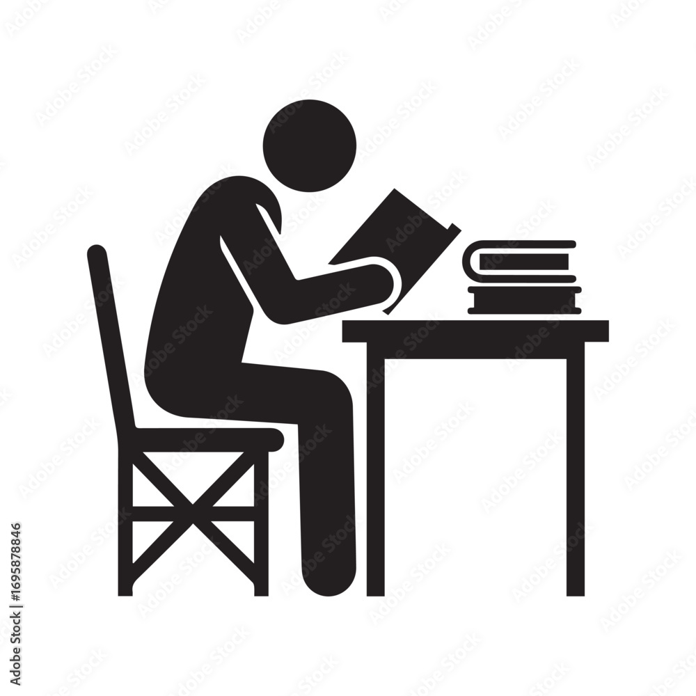 Fototapeta premium Studying Icon, Person Reading Book at Desk, Student Learning in Library, Education Silhouette Pictogram 