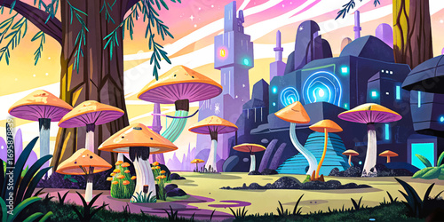 Cyberpunk night forest glowing neon mushrooms wallpaper, futuristic ruins in wilderness, surreal sci-fi atmosphere