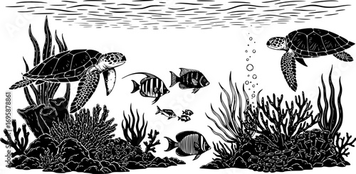 Underwater Seascape Silhouette – Marine Fish, Sea Turtles, Corals, Algae, Ocean Life, Marine Nature, Flora and Fauna Isolated Vector Illustration on White Background