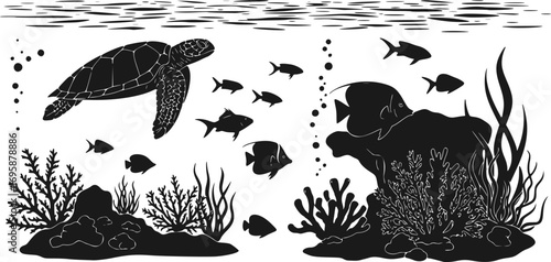 Underwater Seascape Silhouette – Marine Fish, Sea Turtles, Corals, Algae, Ocean Life, Marine Nature, Flora and Fauna Isolated Vector Illustration on White Background