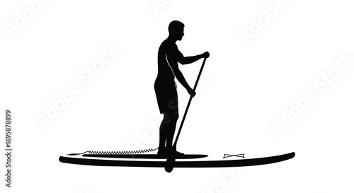 a person paddleboarding silhouette against white background