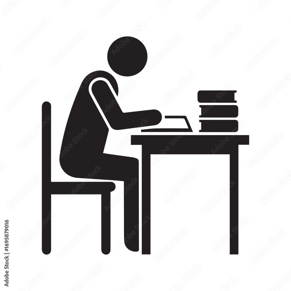 Fototapeta premium Studying Icon, Person Reading Book at Desk, Student Learning in Library, Education Silhouette Pictogram 