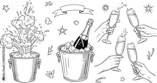 set of Champagne. Set different champagne explosion, champagne bottle in bucket with ice. Hands holding glasses of champagne. Elements festive. Isolated contour. Vector