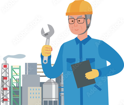 工業地帯で働く高齢男性