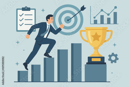 Business Success and Achievement Concept – Career Growth, Goal Target and Trophy