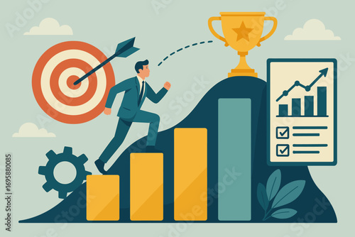 Business Success and Achievement Concept – Career Growth, Goal Target and Trophy