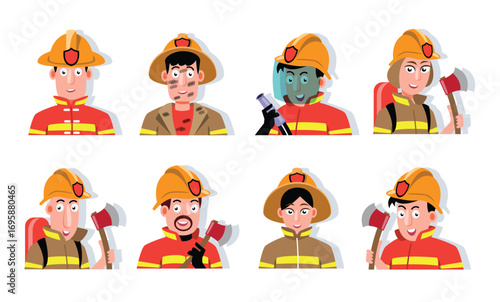 Cartoon firefighter characters set illustration