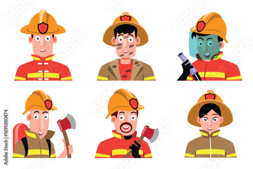 Cartoon firefighter characters set illustration