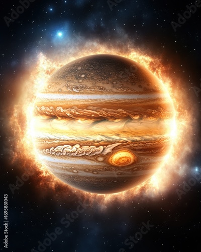 Jupiter Planet Glowing with Fiery Aura in Starry Cosmos Space Scene and Stripes of Gas Giant Planet with Great Red Spot