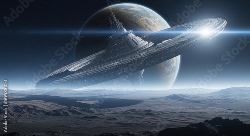 Fototapeta Naklejka Na Ścianę i Meble -  Giant space station orbiting alien planet. Extraterrestrial spaceship arrival mystery. Science fiction fantasy illustration for cosmic exploration.