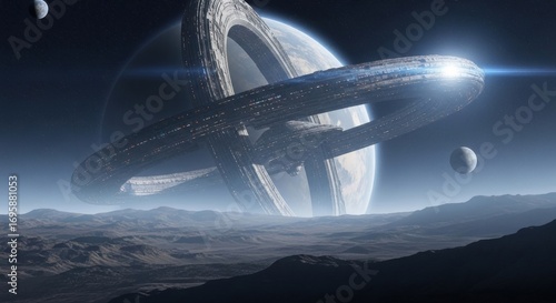Fototapeta Naklejka Na Ścianę i Meble -  Giant alien ring world megastructure orbiting a planet in deep space. Science fiction concept of extraterrestrial civilization or future space colony.