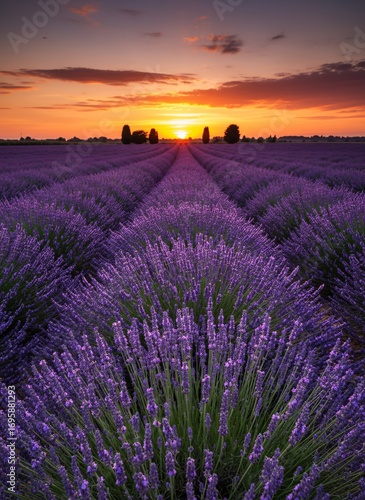 Wallpaper Mural Lavender Field Sunset: A breathtaking view of a vibrant lavender field stretches towards the horizon, bathed in the warm, golden light of a setting sun. Torontodigital.ca
