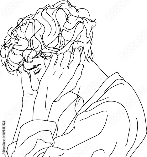 Modern illustration in simplicity style depicting a man experiencing sadness, tiredness, and worry due to depression and mental health issues, feeling stressed and hopeless