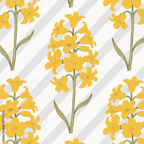 Yellow floral pattern on a light striped background, vibrant and cheerful design.