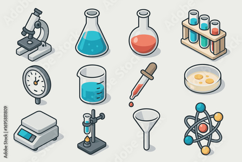 Laboratory Equipment Icons Set – Microscope, Test Tubes and Flasks