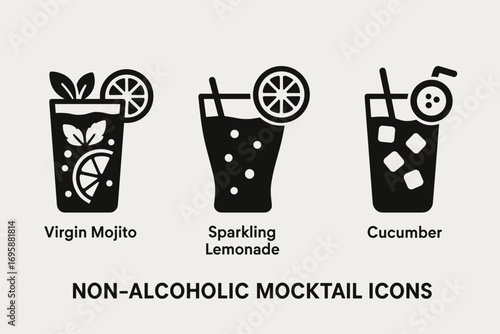 Non-Alcoholic Mocktail Icons Set – Virgin Mojito, Lemonade and Cucumber Drink